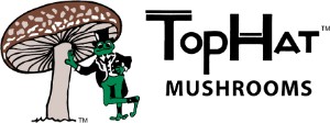Top Hat Mushrooms Logo with a Shiitake Mushroom and a green frog in a tuxedo with a hat