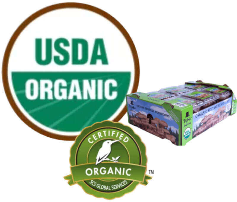 Cluster images of USDA organic logo, Certified organic SCS Global Services badge, and a large Costco-sized box with Shiitake Mushrooms