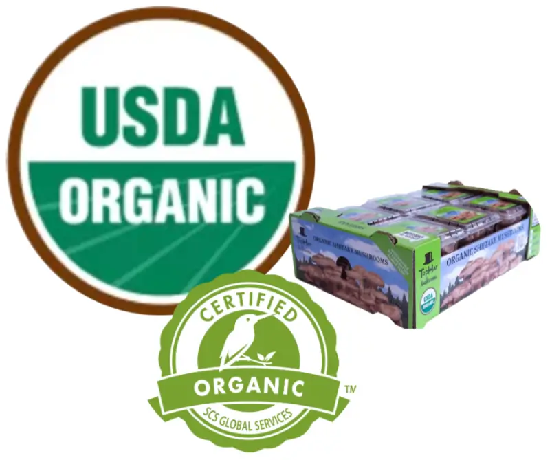 Cluster images of USDA organic logo, Certified organic SCS Global Services badge, and a large Costco-sized box with Shiitake Mushrooms